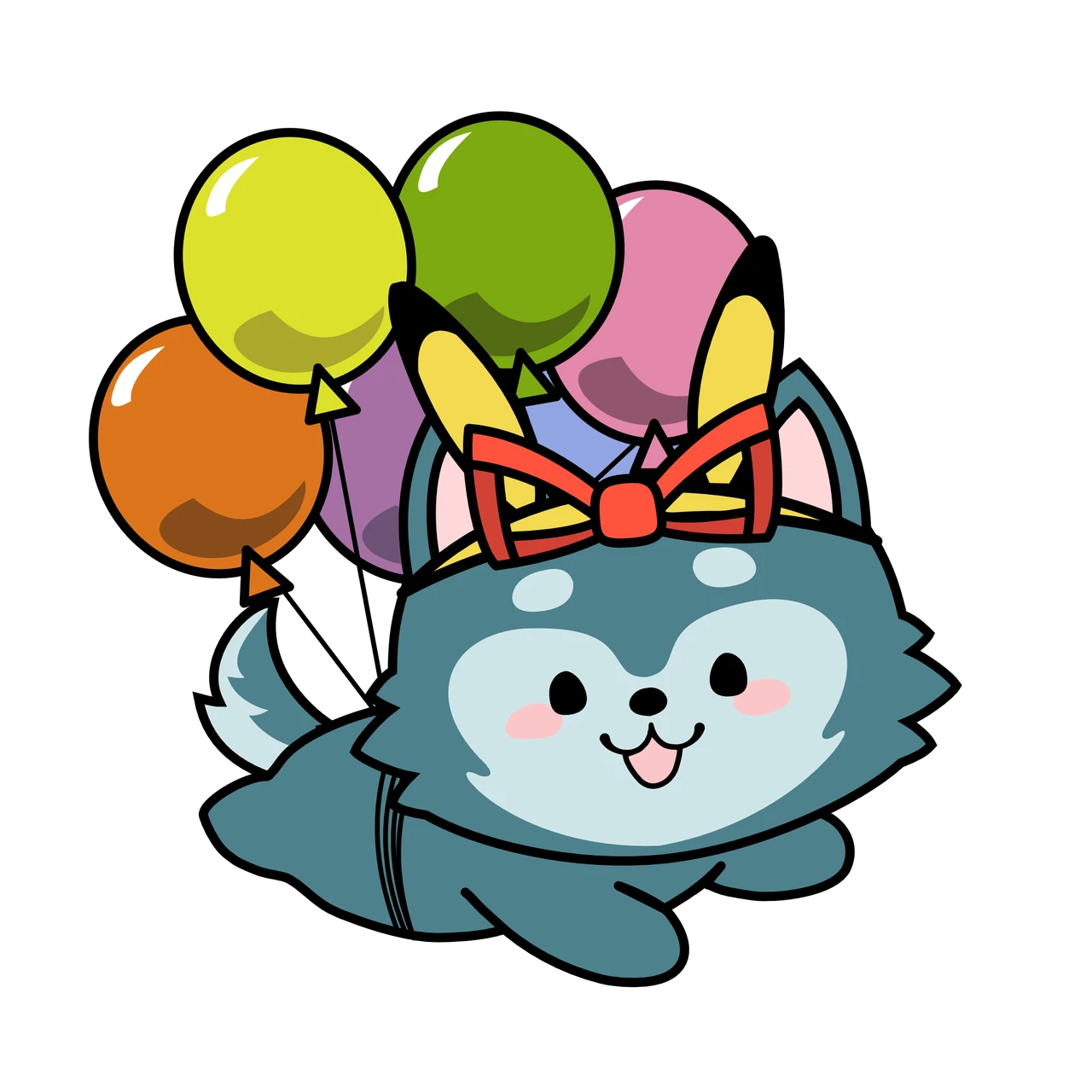 Snap the Husky floating with colourful balloons attached to their back.